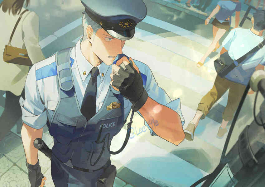1boy bag baton_(weapon) belt black_belt black_gloves black_necktie blue_eyes blue_hair blue_shirt bulletproof_vest collared_shirt commentary fingerless_gloves from_above gloves handbag hat highres lee999nine necktie peaked_cap persona persona_3 police police_hat police_uniform policeman pouch road sanada_akihiko shirt short_hair sleeves_rolled_up solo_focus street symbol-only_commentary walkie-talkie weapon