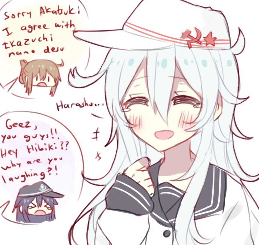 &gt;_&lt; 10s 3girls ^_^ akatsuki_(kancolle) blush brown_hair closed_eyes english_text closed_eyes folded_ponytail hammer_and_sickle happy_tears hibiki_(kancolle) highres horosho inazuma_(kancolle) kantai_collection kvlen long_hair multiple_girls nanodesu_(phrase) open_mouth russian_text silver_hair smile star_(symbol) tears verniy_(kancolle) |_|