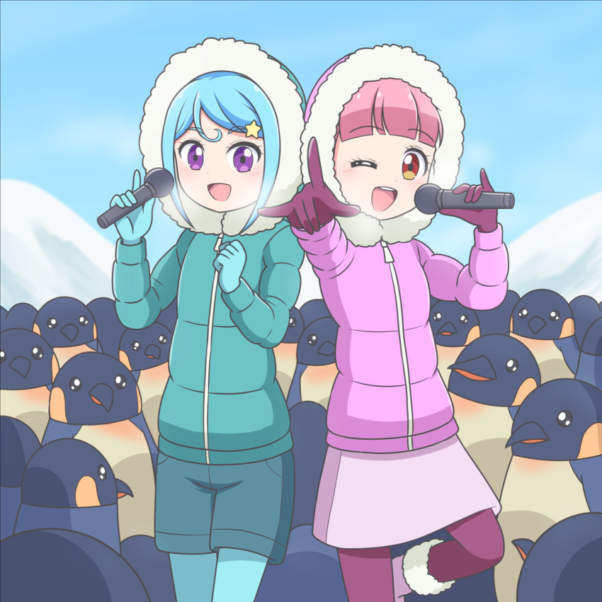 2girls :d ;d \m/ aikatsu!_(series) aikatsu_friends! antarctica bird blue_coat blue_gloves blue_hair blue_leggings blue_shorts blue_sky blunt_bangs blush boots clenched_hand coat commentary commission cowboy_shot day dot_nose emperor_penguin front_zipper fur-trimmed_boots fur-trimmed_coat fur_trim gloves hair_ornament hands_up highres holding holding_microphone hood hood_up index_finger_raised kato-shun leg_up leggings legs_together long_sleeves looking_at_viewer microphone minato_mio mountainous_horizon multiple_girls music one_eye_closed open_mouth orange_eyes outdoors outstretched_arm padded_coat penguin pink_boots pink_coat pink_hair pink_skirt pixiv_commission pointing pointing_at_viewer purple_eyes purple_gloves purple_leggings shorts singing skirt sky smile standing star_(symbol) star_hair_ornament surrounded teeth upper_teeth_only winter_clothes winter_coat yuki_aine zipper zipper_pull_tab