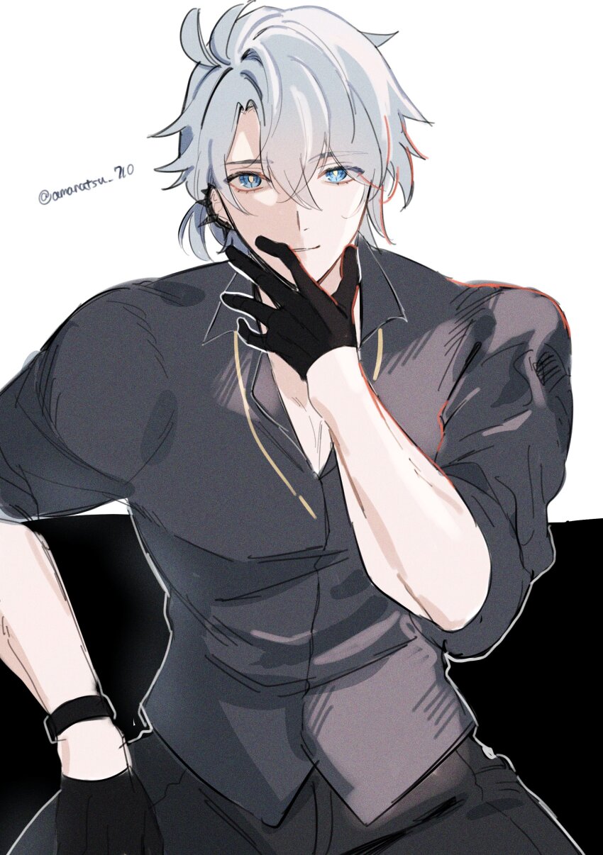 1boy absurdres amanatsu_710 black_background black_gloves black_pants black_shirt earclip gloves grey_hair hair_between_eyes half_gloves hand_up highres honkai:_star_rail honkai_(series) looking_at_viewer male_focus pants parted_bangs parted_lips pectoral_cleavage pectorals phainon_(fashion)_(honkai:_star_rail) phainon_(honkai:_star_rail) shirt short_hair sitting smile solo teeth twitter_username upper_body white_background yellow_pupils