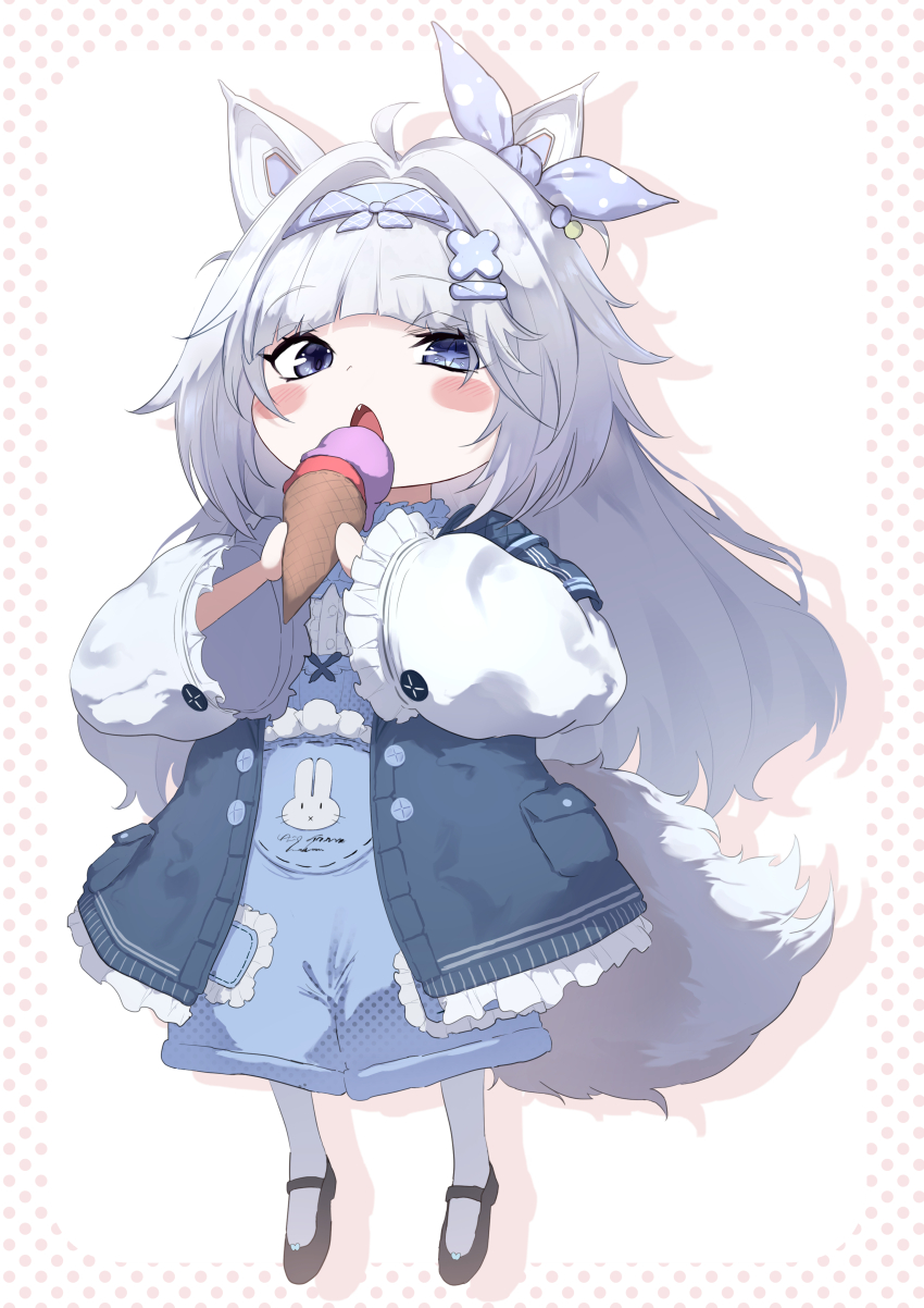 1girl absurdres ahoge animal_ears blue_hairband chibi cross-shaped_pupils fang grey_eyes grey_hair hair_intakes hair_ornament hairband highres holding holding_ice_cream_cone ice_cream_cone long_hair mechanical_ears mismatched_pupils no._21:_feral_scent_(pgr) no._21_(pgr) official_alternate_costume open_mouth punishing:_gray_raven sidelocks solo symbol-shaped_pupils tail takashi_san very_long_hair wolf_ears wolf_tail x_hair_ornament
