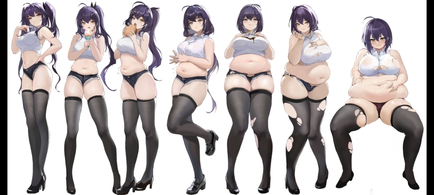 1girl ahoge bare_arms bare_shoulders belly_grab big_belly black_footwear black_shorts black_thighhighs blush breast_suppress breasts burger collared_shirt crop_top crossed_legs cutoffs deep_skin eating embarrassed fat fat_rolls fat_woman food food_on_body food_on_breasts food_on_clothes full_body goti_(gotie23) hair_between_eyes hair_bun hair_ribbon hand_on_own_hip hand_up hands_on_own_stomach hands_up high_heels high_ponytail highres holding holding_food ice_cream index_finger_raised invisible_chair large_breasts legs_apart loafers long_hair looking_at_viewer low_ponytail midriff multiple_views navel necktie obese one_side_up open_mouth original pillarboxed plump pointing pointing_at_self ponytail progression purple_hair ribbon saliva shirt shoes short_necktie short_shorts shorts simple_background single_hair_bun sitting skindentation sleeveless sleeveless_shirt soft_serve spread_legs standing standing_on_one_leg steepled_fingers stiletto_heels sweatdrop tears thick_thighs thighhighs thighs toned torn_clothes torn_legwear torn_shirt torn_shorts two_side_up undersized_clothes updo very_long_hair w_arms weight_gain white_background white_necktie white_shirt