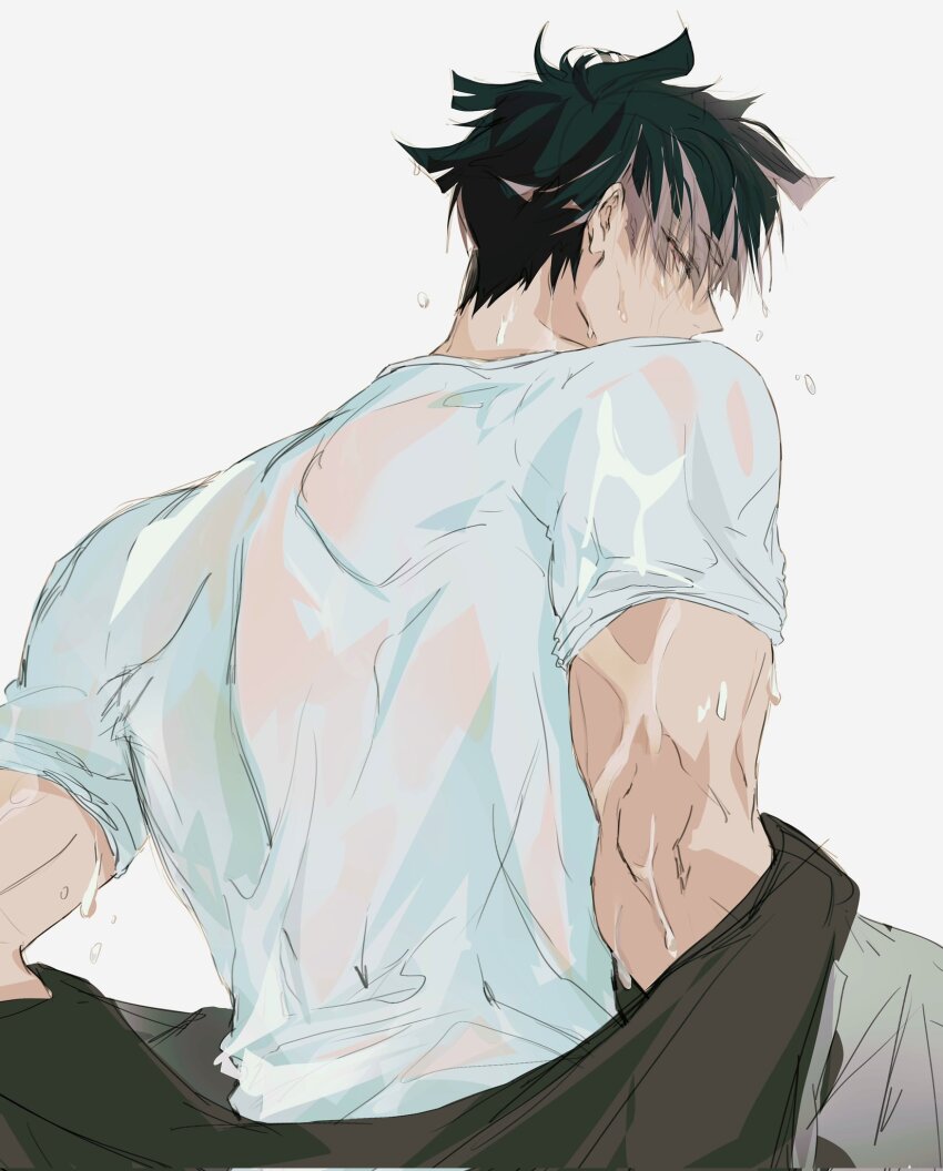 1boy back black_hair commentary_request corrupted_twitter_file dd_1god highres kaijuu_no._8 korean_commentary looking_at_viewer looking_back male_focus multicolored_hair muscular muscular_male narumi_gen purple_eyes purple_hair shirt short_hair simple_background solo two-tone_hair undressing upper_body wet wet_clothes white_background white_shirt