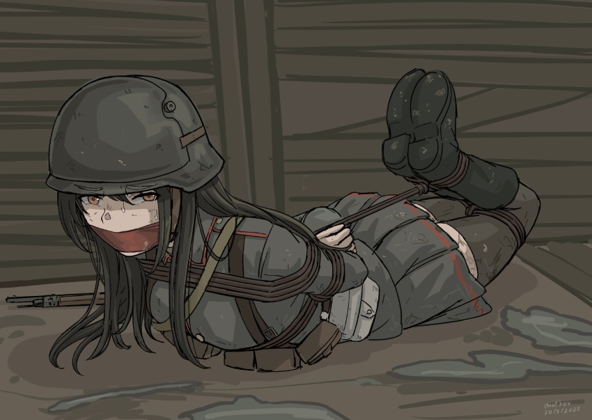 1girl ammunition_pouch arms_behind_back bad_link black_boots black_thighhighs blazer boots bound bound_arms bound_legs breasts brown_eyes brown_hair cloth_gag gag gagged grafhou helmet highres hogtie improvised_gag jacket long_hair looking_at_viewer medium_breasts military_uniform original pleated_skirt pouch shibari shibari_over_clothes skirt sweat thighhighs trench very_long_hair zettai_ryouiki