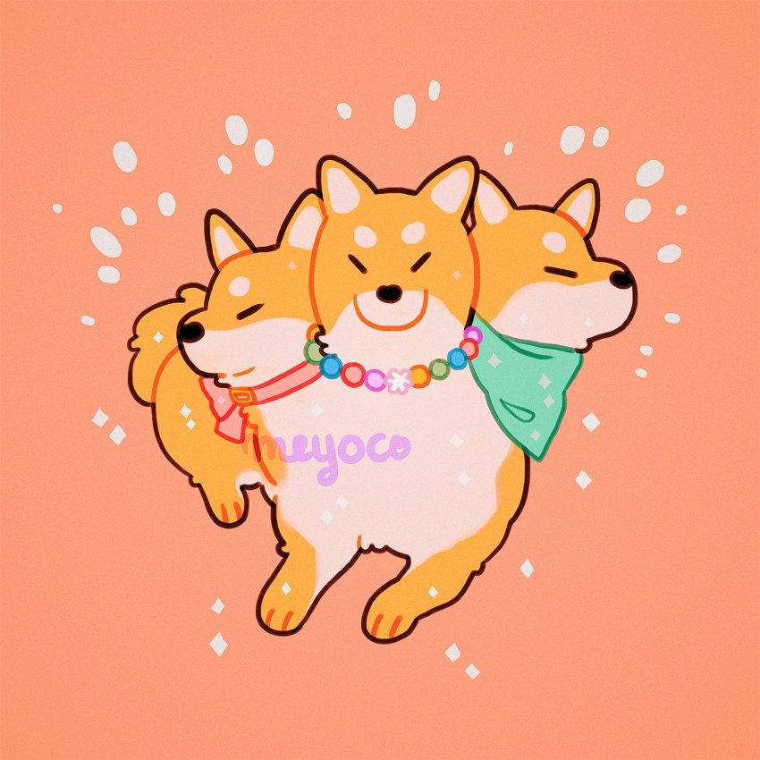 animal animal_focus aqua_bandana artist_name bad_id bad_twitter_id bandana bow cerberus collar dog highres jewelry meyoco necklace no_humans orange_background original pink_bow shiba_inu simple_background sparkle