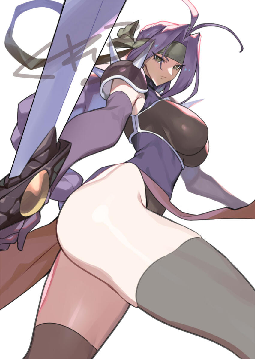 1girl armor ass breastplate breasts character_request copyright_request cowboy_shot highres holding holding_sword holding_weapon large_breasts leotard long_hair missing_commentary purple_eyes purple_hair purple_leotard simple_background solo sword ukimukai weapon white_background