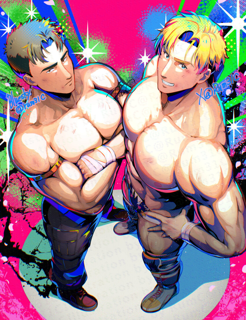 2boys ao_isami bara blonde_hair blue_eyes bluesky_username commentary_request crossed_arms facial_hair grin highres large_pectorals lewis_smith looking_at_viewer male_focus multiple_boys muscular muscular_male nipples official_alternate_costume pectorals rum31c short_hair sideburns_stubble signature smile stubble topless_male twitter_username wrestling_outfit yuuki_bakuhatsu_bang_bravern