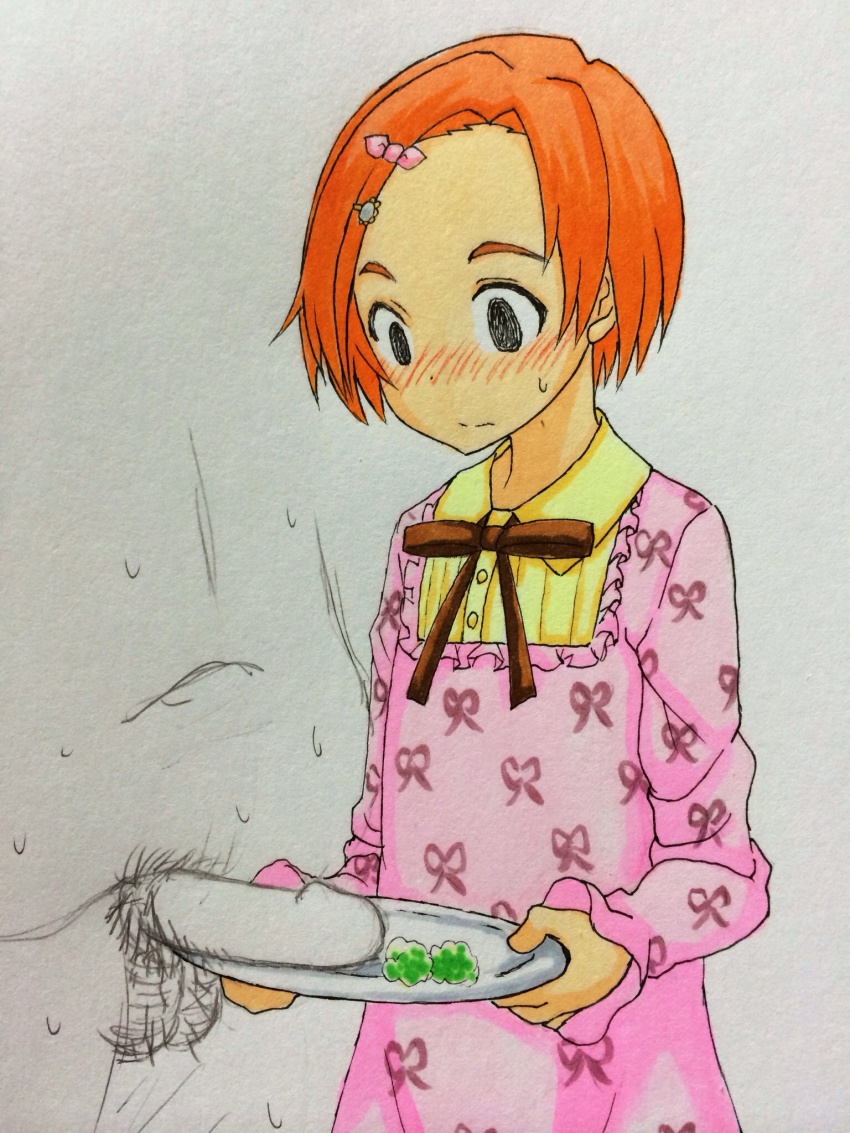 10s 1boy 1girl bad_id bad_pixiv_id blush fujioka_(azunxan) hair_ornament hairclip hetero highres idolmaster idolmaster_cinderella_girls orange_hair penis ryuzaki_kaoru short_hair sweat sweatdrop traditional_media uncensored