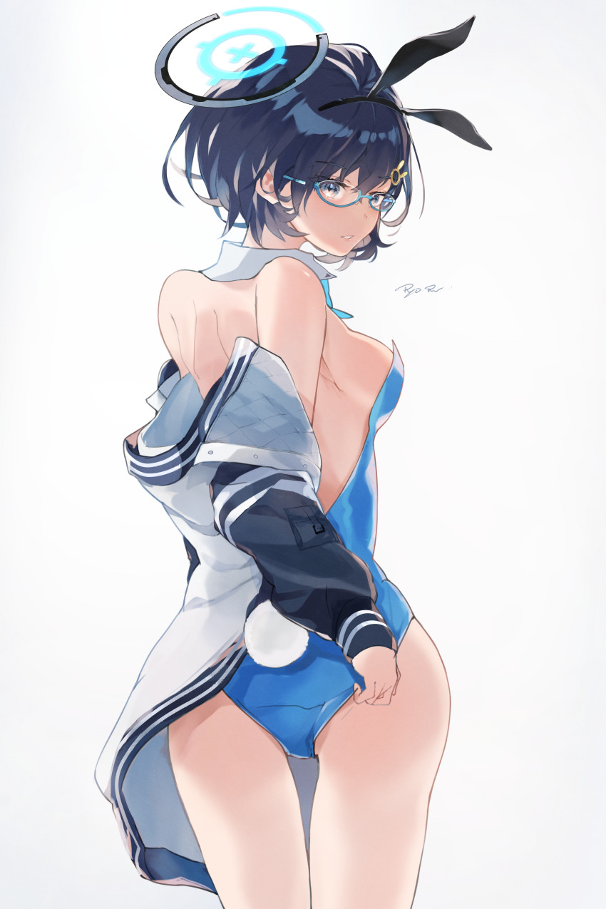 1girl absurdres adjusting_clothes adjusting_leotard alternate_costume animal_ears ass bare_shoulders black_hair blue-framed_eyewear blue_archive blue_eyes blue_halo blue_leotard breasts chihiro_(blue_archive) commentary_request cowboy_shot detached_collar fake_animal_ears fake_tail from_behind glasses grey_background hair_between_eyes hair_ornament halo highleg highleg_leotard highres jacket jacket_partially_removed leotard looking_at_viewer looking_back medium_breasts open_clothes open_jacket parted_lips playboy_bunny rabbit_ears rabbit_hair_ornament rabbit_tail ryo_(ryo_skrdi) semi-rimless_eyewear short_hair sideboob signature simple_background solo strapless strapless_leotard tail thighs white_jacket