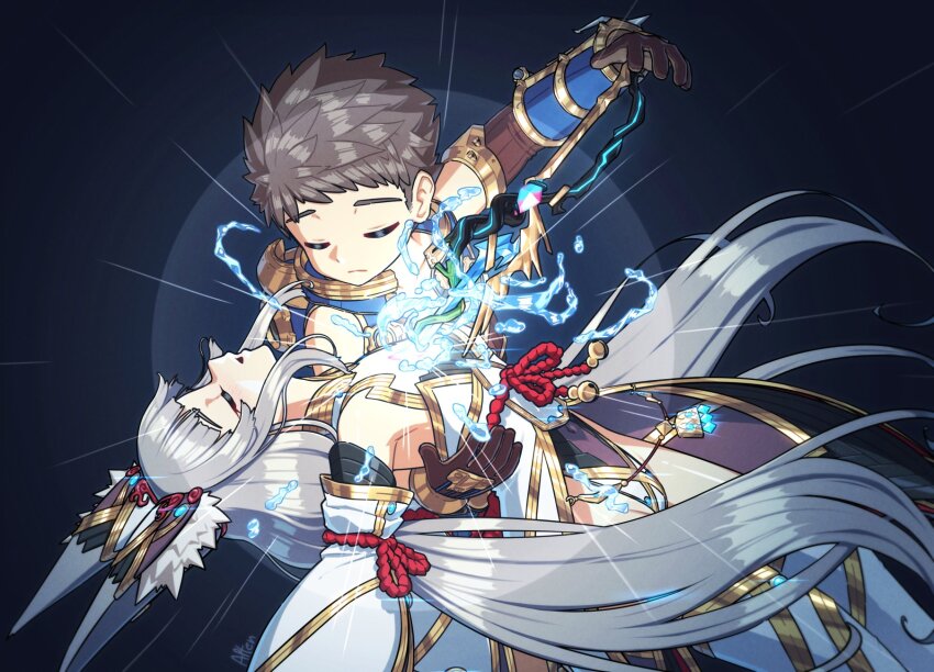 1boy 1girl alten animal_ears blunt_bangs brown_hair cat_ears closed_eyes facial_mark gloves grey_hair highres leotard long_hair nia_(blade)_(xenoblade) nia_(xenoblade) rex_(xenoblade) short_hair shoujo_kakumei_utena twintails very_long_hair xenoblade_chronicles_(series) xenoblade_chronicles_2