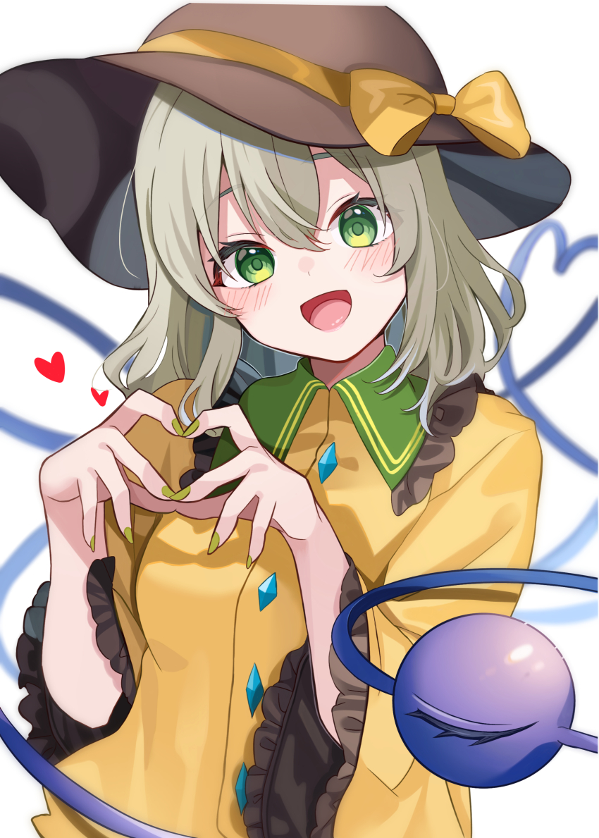 1girl absurdres black_hat blush bow buttons collared_shirt commentary_request diamond_button eyeball four-finger_heart_hands frilled_shirt_collar frilled_sleeves frills green_eyes green_hair hat hat_bow heart heart_hands heart_of_string highres komeiji_koishi long_sleeves looking_at_viewer meimei_(meimei89008309) open_mouth shirt simple_background smile solo third_eye touhou white_background wide_sleeves yellow_bow yellow_shirt