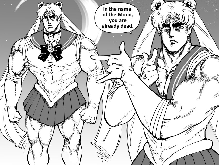1boy absurdres bb_(baalbuddy) bishoujo_senshi_sailor_moon cosplay crescent english_text greyscale highres hokuto_no_ken kenshiro monochrome muscular muscular_male sailor_moon sailor_moon_(cosplay) sailor_moon_pose solo speech_bubble tsuki_ni_kawatte_oshioki_yo twintails