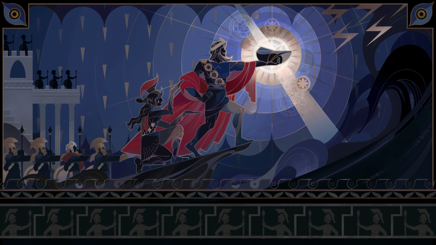 1girl 2boys absurdres aged_down ancient_greek_clothes baby bad_link barefoot beard cape carrying_baby carrying_person column combat_helmet eurypon_(honkai:_star_rail) facial_hair family game_cg greco-roman_clothes hand_on_own_hip headband helmet highres holding holding_polearm holding_weapon honkai:_star_rail honkai_(series) incredibly_absurdres lightning_bolt_symbol long_hair medium_hair multiple_boys mural mydei_(honkai:_star_rail) official_art pillar polearm red_cape sash spear waves weapon