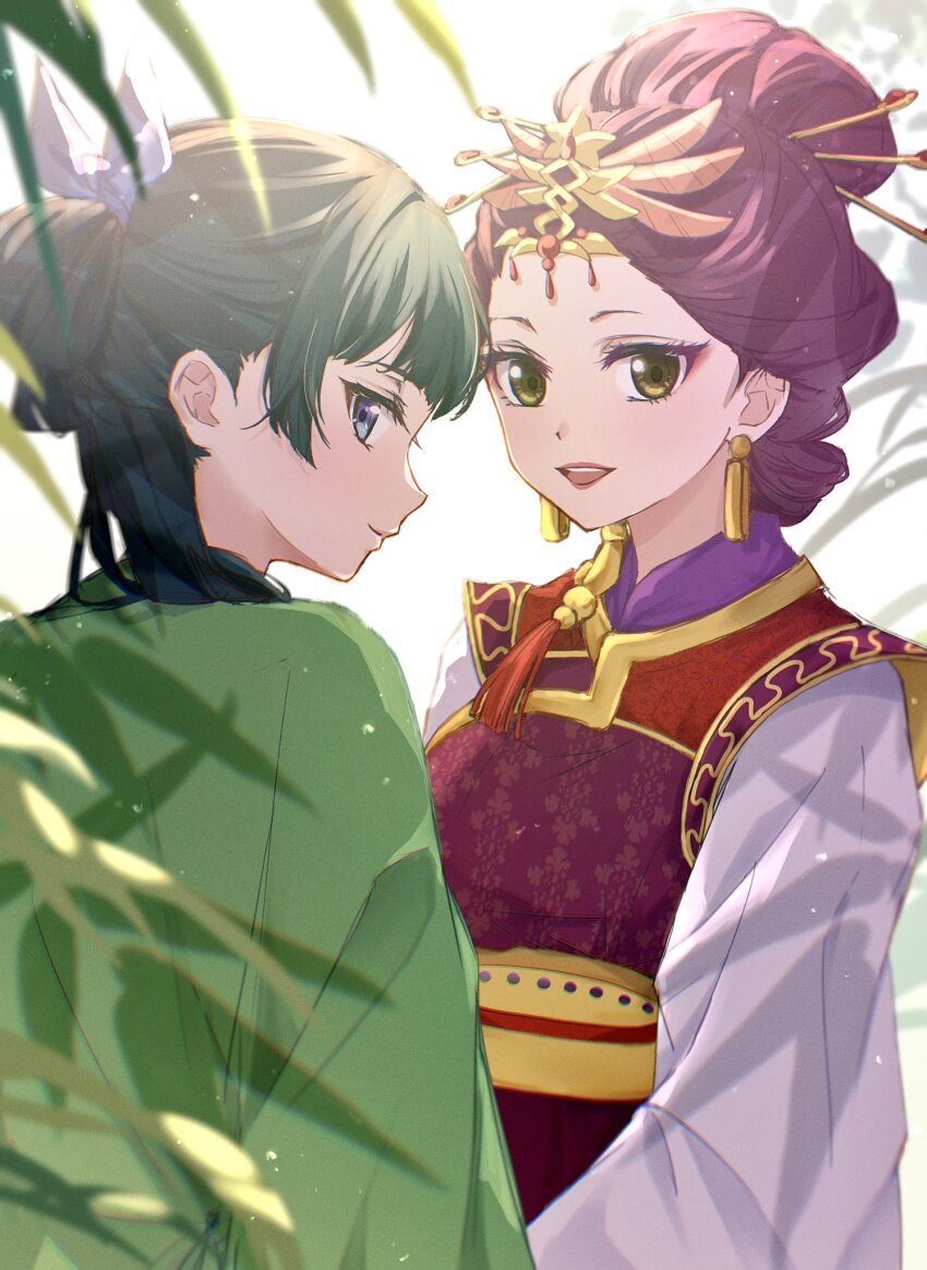 2girls blue_eyes closed_mouth dappled_sunlight earrings eyeshadow green_hair hair_between_eyes hair_ornament highres jewelry kusuriya_no_hitorigoto leaf long_hair looking_at_viewer loulan_(kusuriya_no_hitorigoto) makeup maomao_(kusuriya_no_hitorigoto) multiple_girls omichi_1219 purple_hair shadow sidelocks smile sunlight yellow_eyes