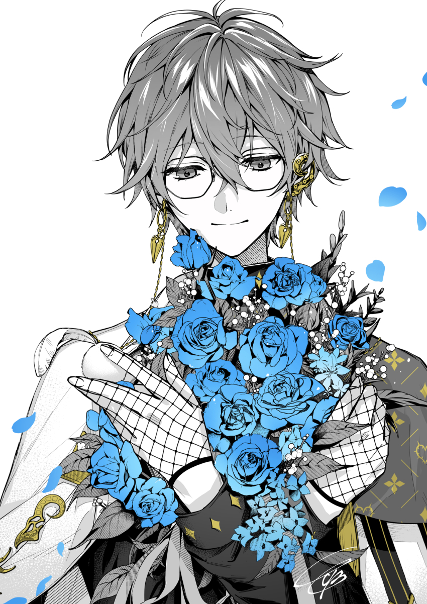1boy blue_flower blue_rose closed_mouth earrings eyewear_strap falling_petals fishnet_gloves fishnets flower glasses gloves hair_between_eyes highres ike_eveland ike_eveland_(1st_costume) jewelry light_smile long_sleeves male_focus nijisanji nijisanji_en partially_colored petals quilldren_(ike_eveland) rose signature simple_background solo tcb upper_body virtual_youtuber white_background