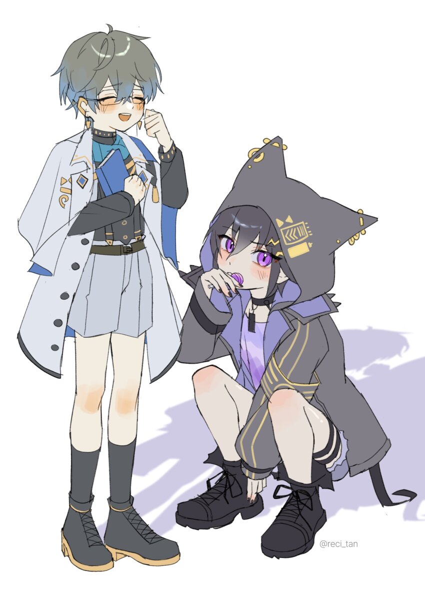 2boys absurdres aged_down animal_hood black_boots black_hair black_shirt black_shoes black_socks blue_hair blush book boots candy child choker citan_(reci_tan) closed_eyes closed_mouth coat creator_connection denim denim_shorts food frown full_body glasses green_hair hair_ornament hand_up high_heels highres holding holding_book holding_candy holding_food holding_lollipop holostars hood hood_up hooded_jacket ike_eveland ike_eveland_(1st_costume) jacket kanade_izuru kanade_izuru_(1st_costume) knees lollipop long_sleeves looking_at_viewer male_focus multiple_boys nijisanji nijisanji_en open_mouth purple_eyes purple_shirt shadow shirt shoes shorts simple_background smile socks spiked_choker spikes squatting standing virtual_youtuber white_background white_coat white_shorts