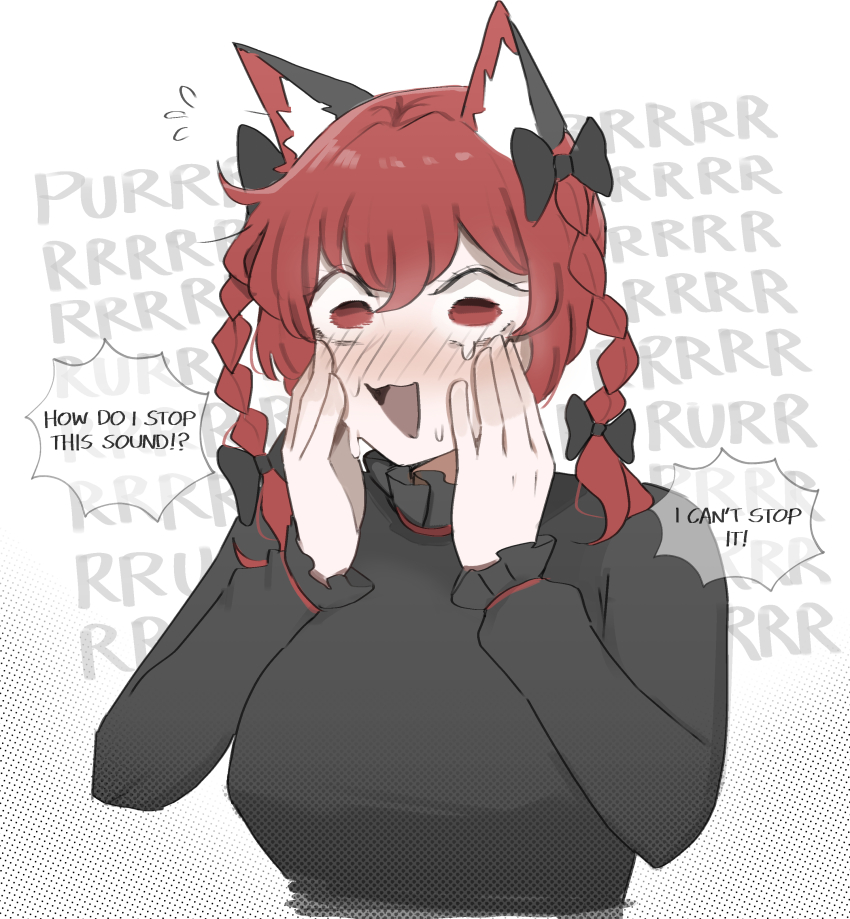 1girl :3 absurdres animal_ears black_bow black_shirt blush bow braid breasts cat_ears cat_girl crying crying_with_eyes_open feral_instincts hands_on_own_face hands_up hat hat_bow highres kaenbyou_rin large_breasts long_sleeves mata_(matasoup) medium_hair open_mouth red_eyes red_hair shirt solo speech_bubble sweatdrop tears touhou twin_braids
