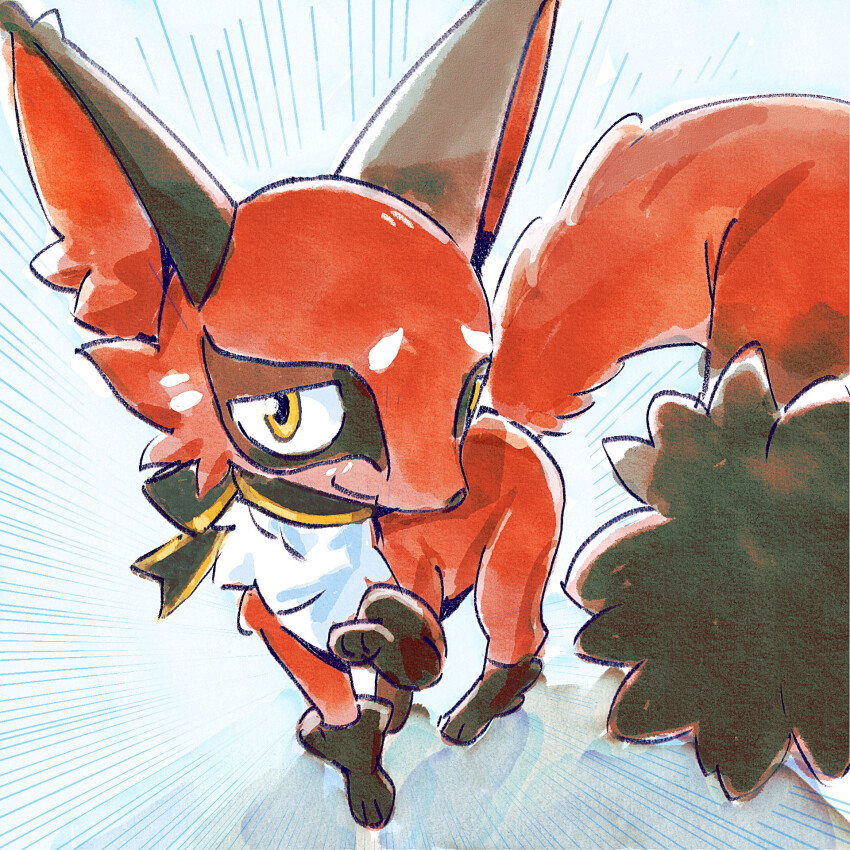 animal_focus commentary emphasis_lines fox gen_8_pokemon go-lurk grey_background highres leg_up looking_at_viewer nickit nintendo no_humans pokemon pokemon_(creature) solo yellow_eyes