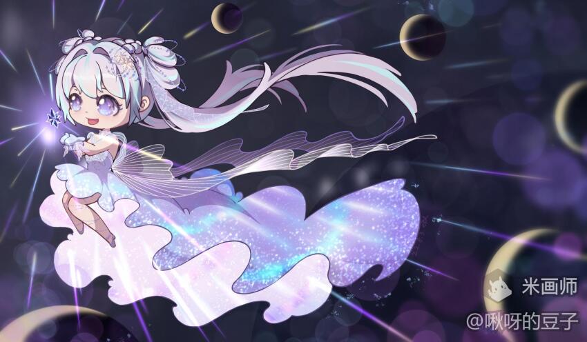 1girl anklet bare_arms bare_shoulders bead_anklet beads braid chibi choker double_bun dress eyelashes floating floating_clothes floating_hair frilled_choker frilled_gloves frills gloves glowing grey_gloves grey_hair hair_between_eyes hair_bun hair_intakes hair_ornament happy high_heels highres jewelry jiuya_de_douzi leg_ribbon light_particles long_dress long_hair looking_ahead mihuashi_logo mihuashi_username moon_phases nikki_(series) object_floating_above_hand open_mouth purple_dress purple_eyes purple_ribbon purple_shoes ribbon shining_nikki shoes sleeveless sleeveless_dress smile solo space star_(symbol) star_hair_ornament stone_of_a_rainbow_song_(shining_nikki) tareme train_(clothing) twin_braids twintails very_long_hair watermark white_choker