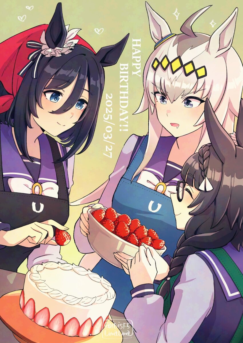 3girls apron black_hair blue_eyes bow bowl bowtie braid braided_ponytail breasts cake closed_eyes closed_mouth crown_braid dated drooling ear_scrunchie eishin_flash_(umamusume) food fruit glasses grey_eyes grey_hair hair_between_eyes happy_birthday headscarf heart hi_(ibisf5umauma) highres holding holding_bowl holding_food long_hair long_sleeves multiple_girls oguri_cap_(umamusume) open_mouth purple_shirt shirt short_hair smile sparkle standing strawberry table twitter_username umamusume upper_body zenno_rob_roy_(umamusume)