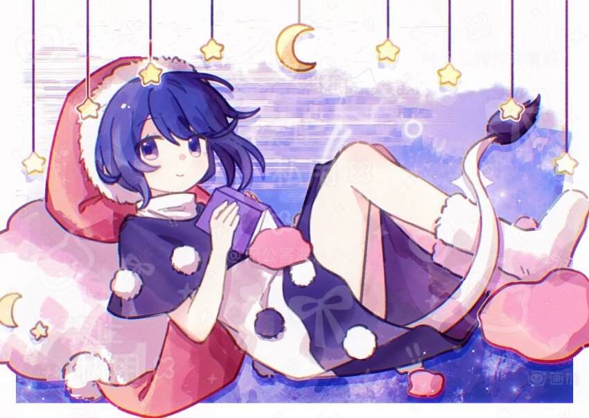 1girl black_capelet black_dress blue_eyes blue_hair book capelet closed_mouth cloud crescent doremy_sweet dream_soul dress fby1313133 from_side fur-trimmed_headwear fur_trim hat highres holding holding_book looking_at_viewer lying nightcap no_shoes on_back pom_pom_(clothes) red_hat short_hair smile socks solo star_(symbol) swept_bangs tail tapir_girl tapir_tail touhou two-tone_dress watermark white_dress white_socks