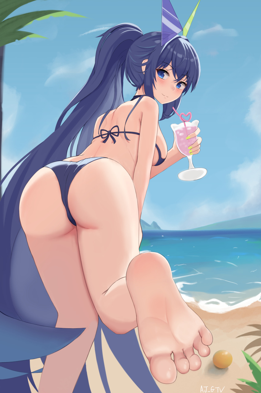 absurdres aj_gtv ass azur_lane barefoot beach bikini blue_bikini blue_eyes blue_hair breasts cup day drinking_glass drinking_straw feet foot_focus from_behind highres holding holding_cup large_breasts long_hair looking_at_viewer looking_back new_jersey_(azur_lane) new_jersey_(midsummer_leisure)_(azur_lane) ocean official_alternate_costume ponytail sky smile soles standing standing_on_one_leg swimsuit toes triangular_eyewear very_long_hair water