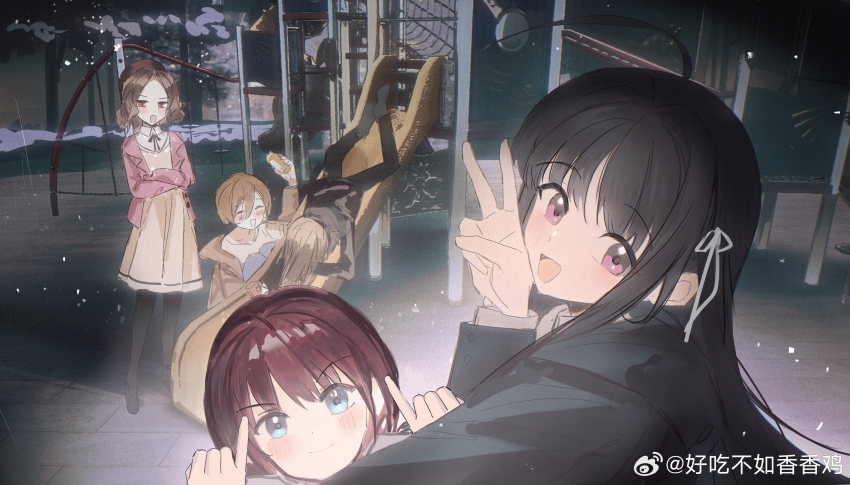 5girls absurdres ahoge awa_subaru axleaki beret black_jacket black_pants black_pantyhose black_shoes blue_eyes blush brown_hair brown_hat can chinese_commentary commentary_request crossed_arms dress drunk ebizuka_tomo girls_band_cry grey_hair hair_between_eyes hair_ribbon hat highres holding holding_can iseri_nina jacket kawaragi_momoka long_hair_between_eyes multiple_girls night open_clothes open_jacket open_mouth outdoors pants pantyhose pink_jacket pinky_out playground purple_eyes red_eyes ribbon rupa_(girls_band_cry) shoes short_hair standing togenashi_togeari v watermark weibo_watermark white_dress white_ribbon