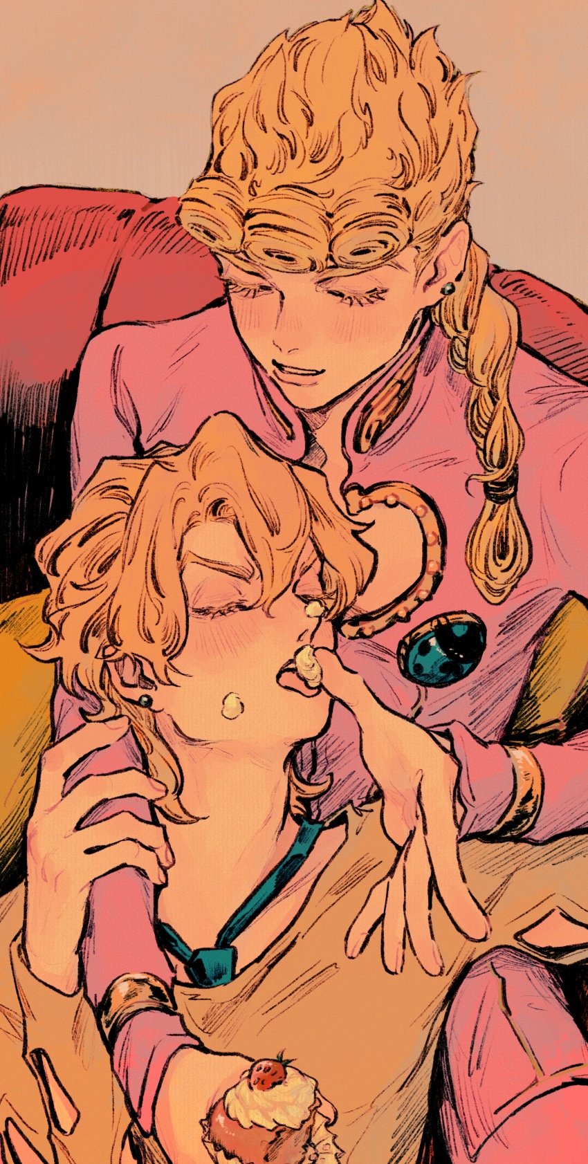 2boys absurdres aqua_necktie arm_on_another&#039;s_leg blonde_hair closed_eyes clothing_cutout colored_eyelashes cupcake earrings food giorno_giovanna hand_on_another&#039;s_arm highres holding holding_food icing icing_on_face jacket jewelry jojo_no_kimyou_na_bouken leaning_on_person licking male_focus multiple_boys necktie okokoro_zaiku pink_jacket shirt sitting smile stud_earrings vento_aureo victory_rolls yaoi yellow_shirt