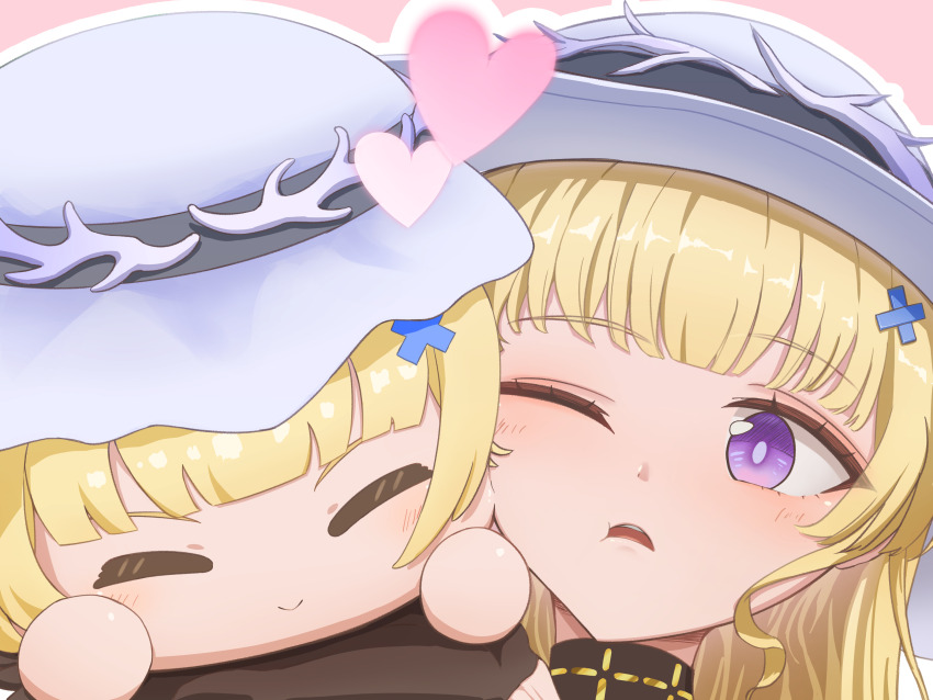 1girl absurdres blonde_hair cheek_press closed_eyes closed_mouth commentary ekakemo english_commentary hair_ornament hat heart highres long_hair objectification one_eye_closed parted_lips phoebe_(wuthering_waves) purple_eyes smile solo white_hat wuthering_waves x_hair_ornament