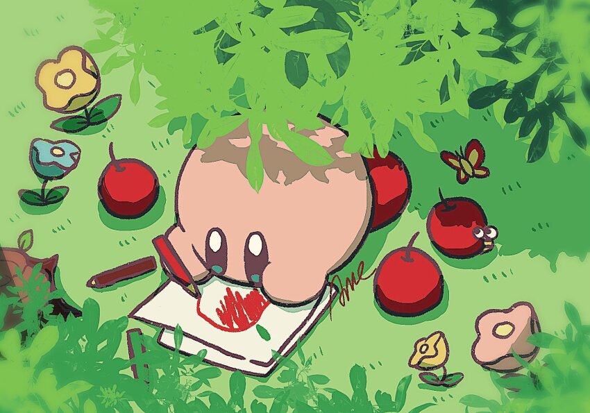 apple bug butterfly butterfly_wings capiller_(kirby) child&#039;s_drawing colored_skin commentary drawing_(action) flower food fruit grass highres holding holding_pencil insect insect_wings kirby kirby_(series) nintendo no_humans parasoruoishii pencil signature solid_oval_eyes symbol-only_commentary wings yellow_flower