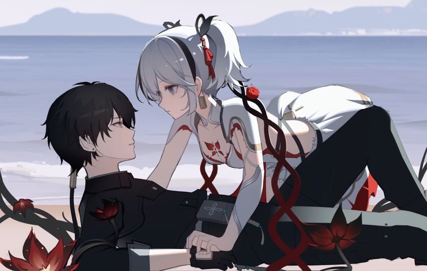1boy 1girl all_fours backless_dress backless_outfit beach black_gloves black_hair black_jacket black_pants blue_eyes body_markings breasts camellya_(wuthering_waves) collared_jacket dress earrings eye_contact face-to-face flower foaming_waves girl_on_top glove_cutout gloves glowing_flower hair_ribbon hair_vines highres jacket jewelry knee_up long_hair looking_at_another low_ponytail lying male_rover_(wuthering_waves) mountainous_horizon multicolored_hair ocean on_back pants ponytail red_flower red_ribbon ribbon rover_(wuthering_waves) short_hair short_twintails sideless_dress sleeves_rolled_up small_breasts streaked_hair tacet_mark_(wuthering_waves) three-quarter_sleeves twintails waves white_dress white_hair wuthering_waves xgbghost yellow_eyes