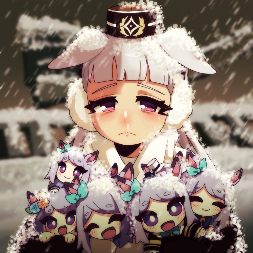 1girl absurdres alternate_costume animal_ears blunt_bangs blurry blurry_background blush character_doll closed_mouth doll earmuffs gold_ship_(umamusume) grey_hair highres holding holding_stuffed_toy horse_ears horse_girl husbant_(meme) kitnoko long_hair looking_at_viewer mejiro_mcqueen_(umamusume) outdoors pink_eyes snow snowing solo stuffed_animal stuffed_toy umamusume upper_body