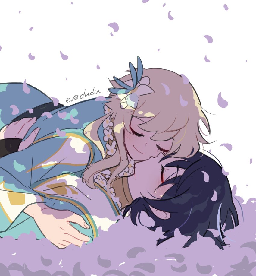 1boy 1girl absurdres alternate_costume aqua_robe aqua_sleeves artist_name black_hair blonde_hair blue_butterfly blue_flower blush bridal_gauntlets bug butterfly butterfly_hair_ornament closed_eyes closed_mouth couple eyelashes eyeliner eyeshadow falling_petals fingernails flower flower_necklace genshin_impact girl_on_top gold gold_trim hair_flower hair_ornament hand_on_another&#039;s_shoulder hand_on_another&#039;s_waist hetero highres insect jewelry kakaolikeslegs kiss kissing_cheek long_sleeves lumine_(genshin_impact) lumine_(knight_of_flowers)_(genshin_impact) lying lying_on_person makeup multicolored_flower multicolored_hair neck_ring necklace official_alternate_costume on_back on_petals open_hand petals red_eyeliner red_eyeshadow scaramouche_(genshin_impact) short_hair short_hair_with_long_locks sidelocks streaked_hair white_background white_flower