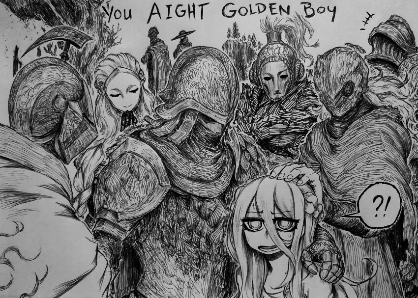 ! !? +++ 1other 2girls 6+boys ? absurdres arm_around_shoulder braid chronozbergh commentary dryleaf_dane elden_ring elden_ring:_shadow_of_the_erdtree english_commentary english_text furrowed_brow graphite_(medium) greyscale hair_between_eyes hand_on_another&#039;s_head helmet high_ponytail highres hornsent_(elden_ring) long_hair mask miquella_(elden_ring) monochrome moore_(elden_ring) multiple_boys multiple_girls needle_knight_leda open_mouth ponytail redmane_freyja sir_ansbach spoken_exclamation_mark spoken_question_mark sweat tarnished_(elden_ring) thiollier_(elden_ring) traditional_media white_background