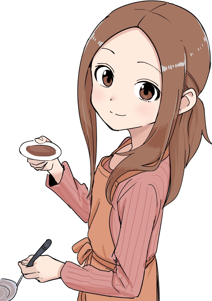 1girl absurdres apron brown_eyes brown_hair closed_mouth commentary_request cooking from_side highres holding holding_ladle inaba_mifumi karakai_jouzu_no_(moto)_takagi-san karakai_jouzu_no_takagi-san ladle long_hair long_sleeves looking_at_viewer orange_apron plate simple_background smile solo split_mouth takagi-san tasting_plate white_background