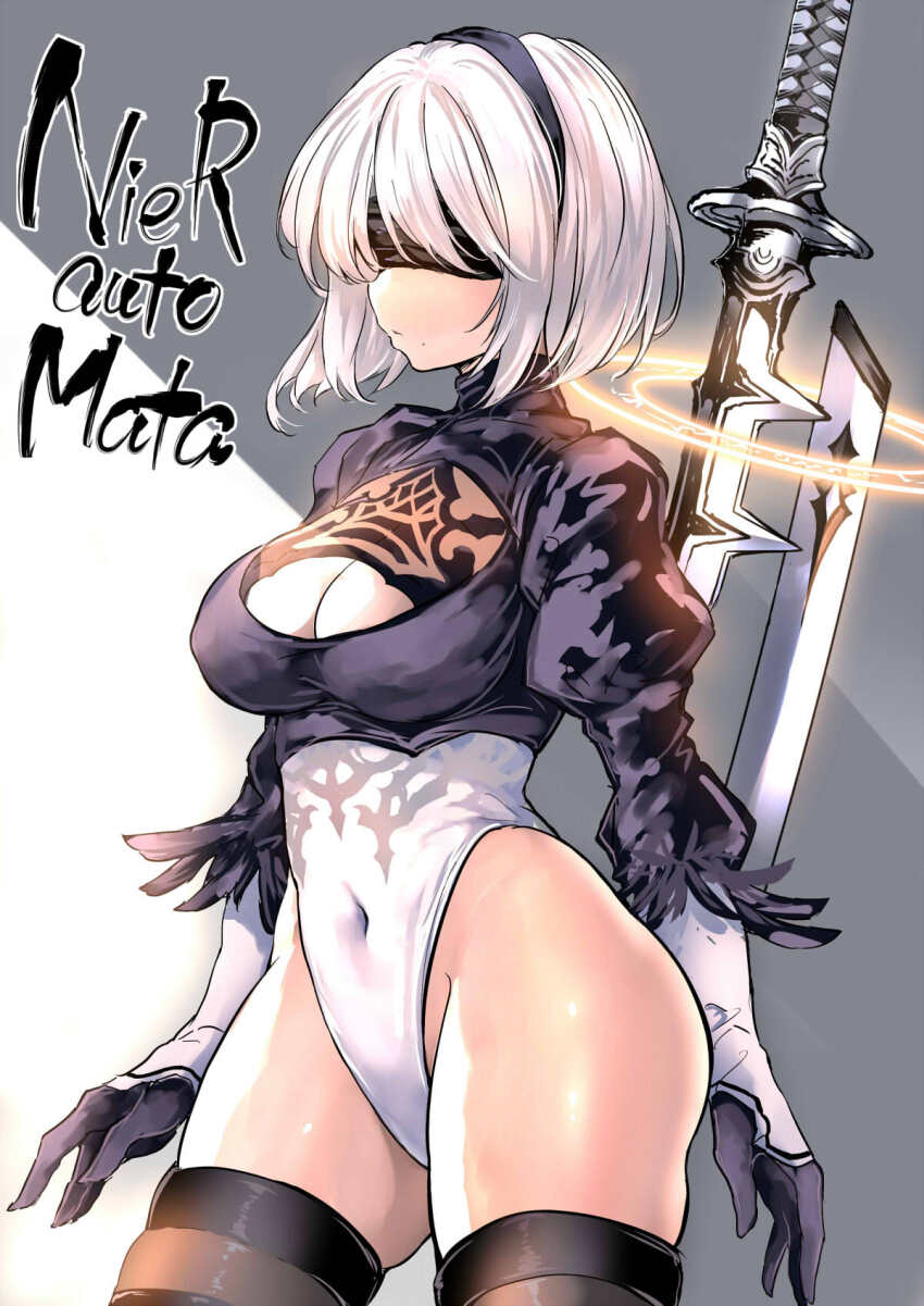 1girl 2b_(nier:automata) black_blindfold black_hairband black_thighhighs blindfold breasts cleavage cleavage_cutout clothing_cutout copyright_name covered_eyes covered_navel feather-trimmed_sleeves hairband highleg highleg_leotard highres juliet_sleeves kumakou leotard long_sleeves medium_breasts mole mole_under_mouth multicolored_leotard nier:automata nier_(series) puffy_sleeves short_hair solo sword thighhighs two-tone_leotard weapon white_hair