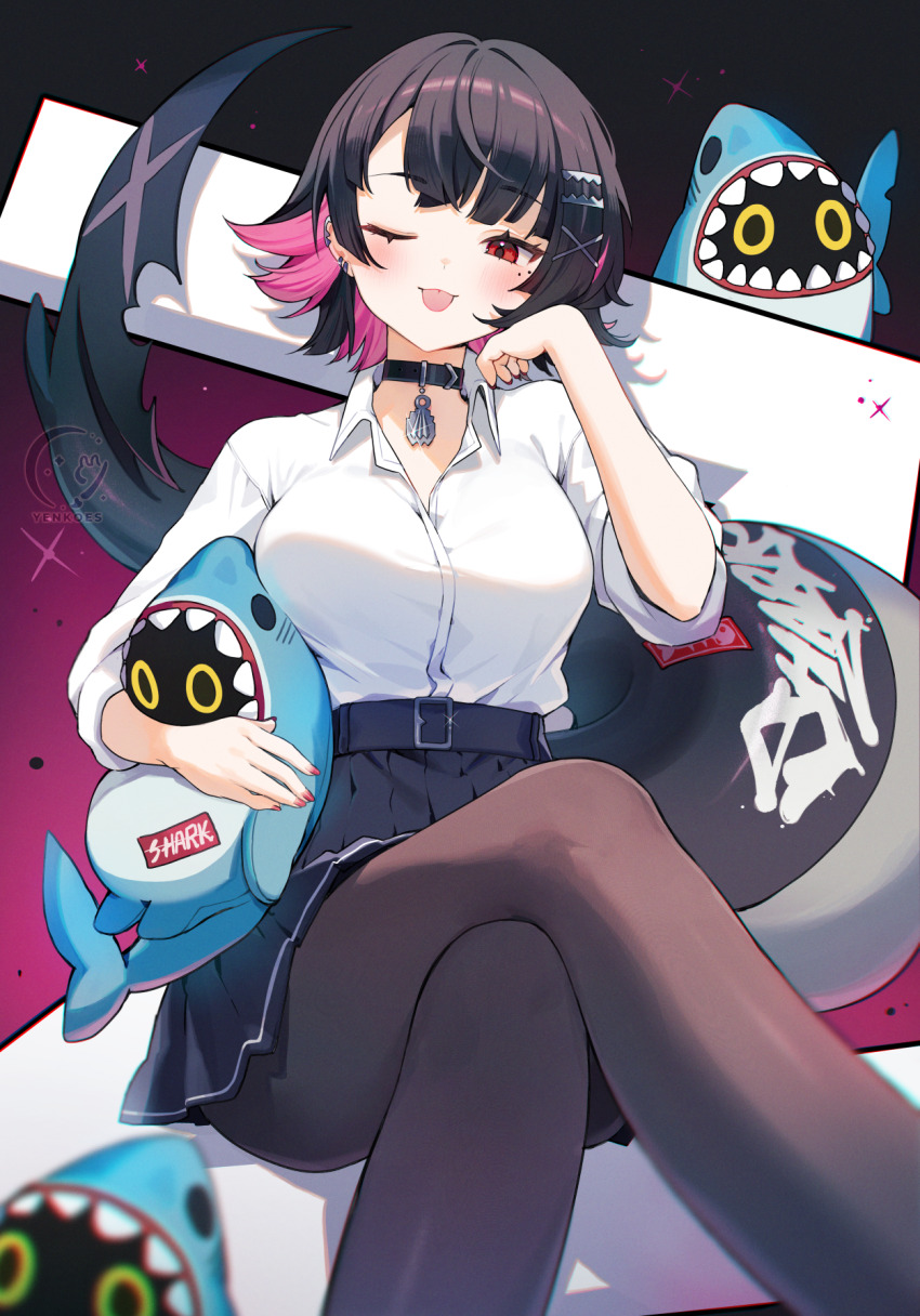1girl :p black_hair black_pantyhose black_skirt blush breasts chromatic_aberration closed_mouth colored_inner_hair cowboy_shot crossed_legs ellen_joe ellen_joe_(on_campus) fingernails fins fish_tail hair_ornament hairclip highres looking_at_viewer mole mole_under_eye multicolored_hair nail_polish official_alternate_costume pantyhose red_eyes red_hair red_nails shark_girl shark_tail sharkboo_(zenless_zone_zero) shirt skirt smile solo tail tongue tongue_out two-tone_hair white_shirt yenkoes zenless_zone_zero