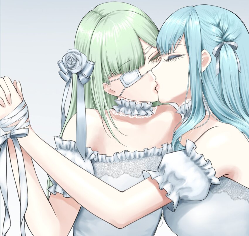 2girls bang_dream! bang_dream!_it&#039;s_mygo!!!!! bare_shoulders blue_background blue_hair choker closed_eyes commentary_request dress eyepatch filha flower gradient_background green_hair hair_flower hair_ornament hair_ribbon highres holding_hands interlocked_fingers kiss long_hair multiple_girls off-shoulder_dress off_shoulder ribbon rose togawa_sakiko two_side_up wakaba_mutsumi white_choker white_dress white_flower white_ribbon white_rose yuri