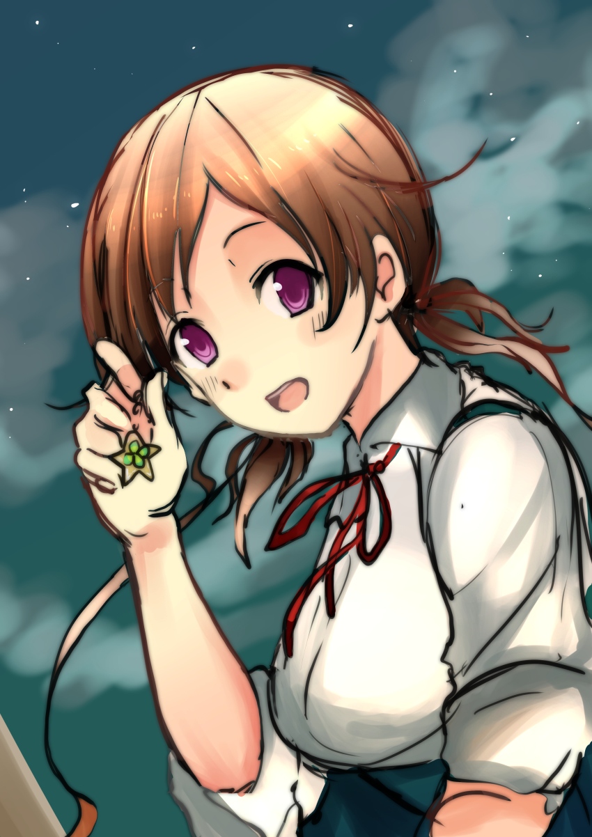 1girl absurdres aomi_isara blush breasts brown_hair charm_(object) clover collared_shirt commentary female_focus four-leaf_clover from_side highres holding koi_to_senkyo_to_chocolate large_breasts low_ponytail mitsuki_tayura open_mouth ponytail purple_eyes red_ribbon ribbon school_uniform shirt sky sleeves_rolled_up solo star_(sky) star_(symbol) starry_sky upper_body white_shirt