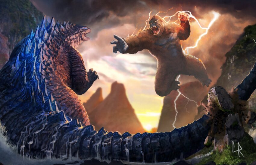 2boys abs ape blue_eyes chipyray claws cloud cloudy_sky crossover day dinosaur dripping dust electricity energy epic fangs fighting forest fusion giant giant_monster glowing_spikes godzilla godzilla_(2014) godzilla_(series) godzilla_vs._kong gorilla highres jumping kaiju king_kong king_kong_(series) king_kong_vs._godzilla legendary_pictures lightning looking_at_another monster monsterverse mountain multiple_boys muscular muscular_arms muscular_legs muscular_male nature no_humans no_pupils open_mouth orange_eyes orange_lightning outdoors overcast pectorals rainforest river scar scar_on_chest scar_on_stomach sharp_teeth sky spikes splashing storm storm_cloud tail teeth toho tongue valley water