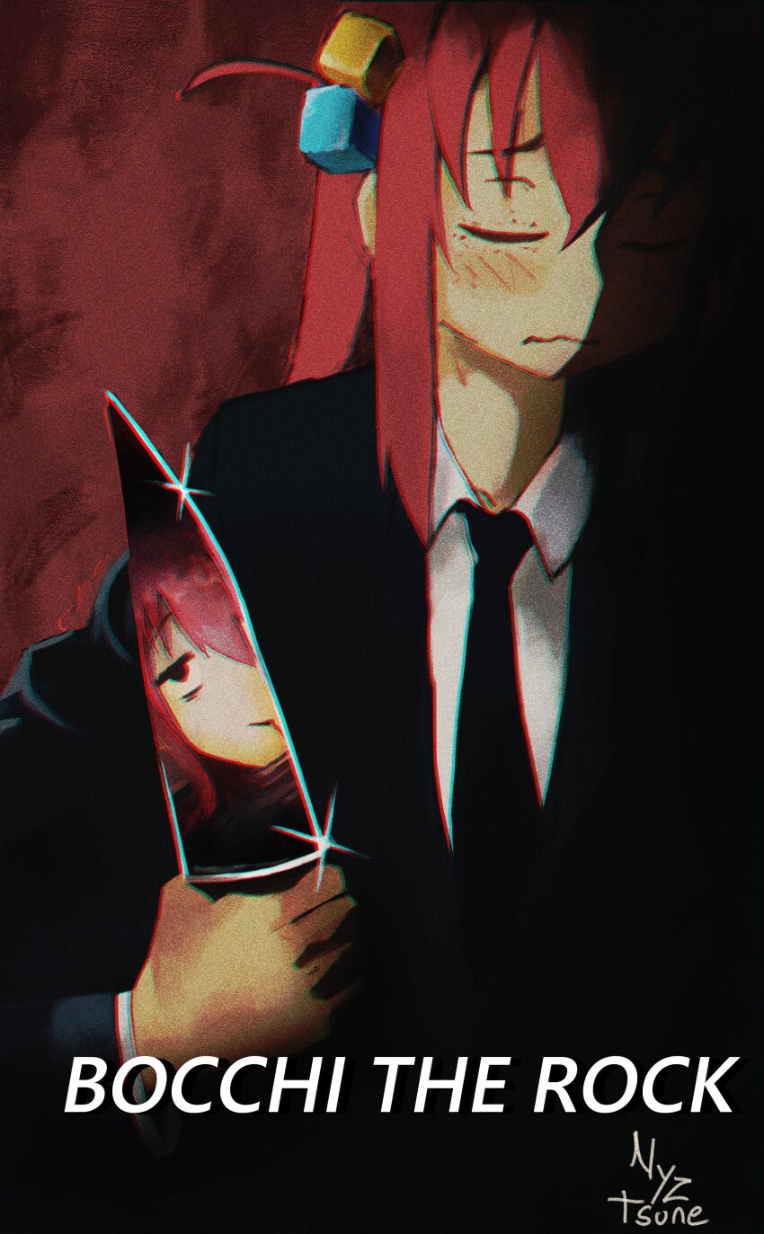absurdres american_psycho artist_name blush bocchi_the_rock! closed_eyes closed_mouth cosplay formal_clothes gotoh_hitori highres knife nagilamagykalz necktie parody patrick_bateman patrick_bateman_(cosplay) red_background reflection shirt signature simple_background white_shirt