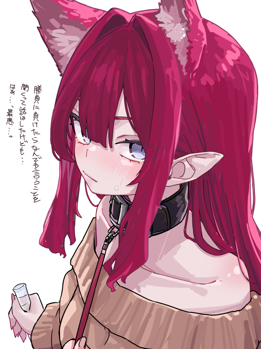 1girl animal_ears baobhan_sith_(fate) blush fate/grand_order fate_(series) green_eyes grey_eyes highres holding holding_vial leash looking_at_viewer niwaikanai pointy_ears sidelocks solo sweater translated vial white_background wolf_ears
