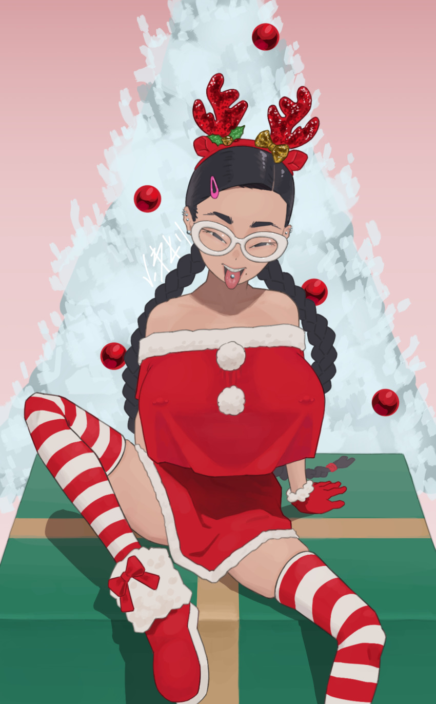 1girl :p antlers asian bare_shoulders black_eyes black_hair boots bow box braid breasts christmas christmas_tree collarbone commentary_request covered_erect_nipples ear_piercing earrings fake_antlers foot_out_of_frame fur-trimmed_boots fur-trimmed_gloves fur-trimmed_shirt fur-trimmed_skirt fur_trim gift gift_box glass_girl_(niwatori5948) glasses gloves hair_ornament hairband hairclip hand_rest highres horizontal-striped_thighhighs horns jewelry knee_up large_breasts long_hair looking_at_viewer miniskirt naughty_face nipple_piercing niwatori5948 no_bra off-shoulder_shirt off_shoulder on_box oppai_loli original parted_hair piercing pom_pom_(clothes) red_boots red_gloves red_hairband red_shirt red_skirt red_thighhighs reindeer_antlers round_eyewear santa_boots santa_costume santa_gloves shirt shirt_overhang sitting sitting_on_box skindentation skirt solo spread_legs stud_earrings teeth thighhighs tongue tongue_out tongue_piercing tsurime twin_braids two-tone_thighhighs upper_teeth_only very_long_hair white-framed_eyewear white_thighhighs yellow_bow zettai_ryouiki