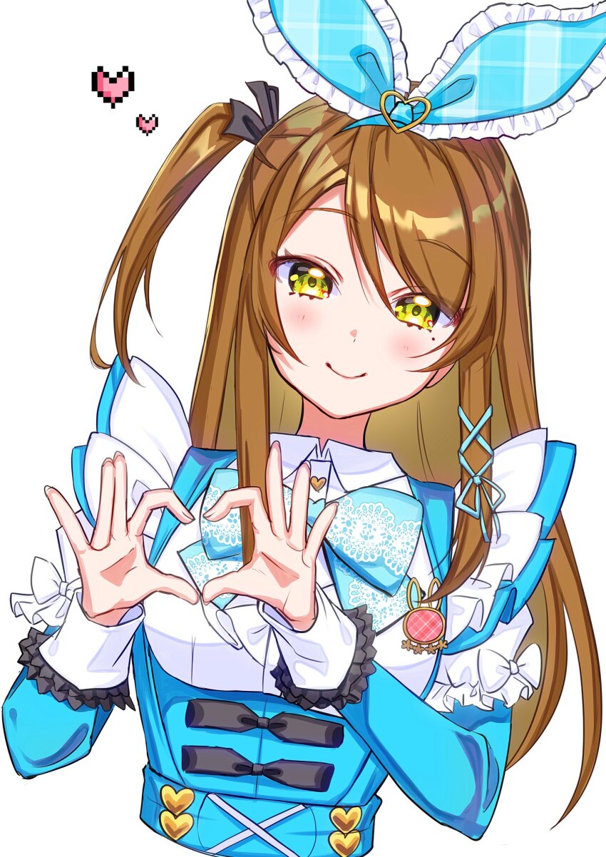 1girl blue_dress blue_ribbon blush bow brooch brown_hair commentary_request dress frilled_sleeves frills hair_ribbon heart heart_hands highres jewelry kanabun_all long_hair long_sleeves looking_at_viewer ribbon simple_background smile solo upper_body white_background world_dai_star yellow_eyes yorozu_iruru