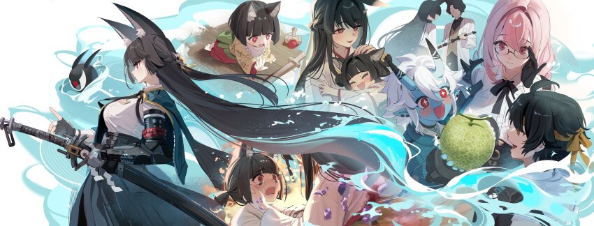 2boys 4girls absurdres adjusting_eyewear aged_down animal_ear_fluff animal_ears aqua_jacket asaba_harumasa black_gloves black_hair black_necktie black_skirt blue_horns blue_oni blue_skin blunt_bangs breasts child coat collared_shirt colored_skin crying eyeball father_and_daughter fingerless_gloves food fox_ears fox_girl fruit gauntlets gloves hair_between_horns headband headpat high-waist_skirt highres holding holding_sword holding_weapon horns hoshimi_miyabi hoshimi_souichirou jacket japanese_clothes katana kimono large_breasts melon miyabi&#039;s_mother_(zenless_zone_zero) mother_and_daughter multicolored_horns multiple_boys multiple_girls necktie oni open_clothes open_jacket pink_eyes pink_hair ruiuncle shirt single_fingerless_glove single_gauntlet skirt smile soukaku_(zenless_zone_zero) sword tsukishiro_yanagi two-tone_horns weapon white_coat white_hair white_kimono white_shirt yellow_headband zenless_zone_zero