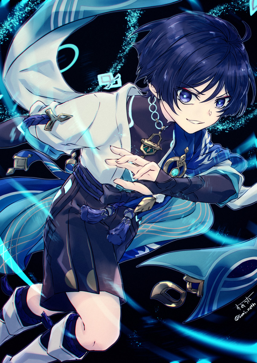 1boy ahoge armor belt black_background black_belt black_bodysuit black_bow black_bridal_gauntlets black_leggings black_shorts blue_kimono blue_pupils blue_sleeves blunt_ends bodysuit bow bridal_gauntlets clenched_teeth covered_collarbone eyeliner eyeshadow fingernails furisode genshin_impact glowing_markings glowing_pupils hakama hakama_shorts hand_up highres hip_vent japanese_armor japanese_clothes juban kimono kote kurokote layered_sleeves leg_warmers leggings looking_at_viewer makeup male_focus mandarin_collar open_clothes open_hand open_kimono pleated_shorts purple_eyes purple_hair purple_rope purple_sash red_eyeliner red_eyeshadow rope sash scaramouche_(genshin_impact) short_sleeves shorts shoulder_peek smirk solo sumi_noth tassel teeth tsurime twitter_username v-shaped_eyebrows wanderer_(genshin_impact) white_kimono white_leg_warmers white_sleeves wind