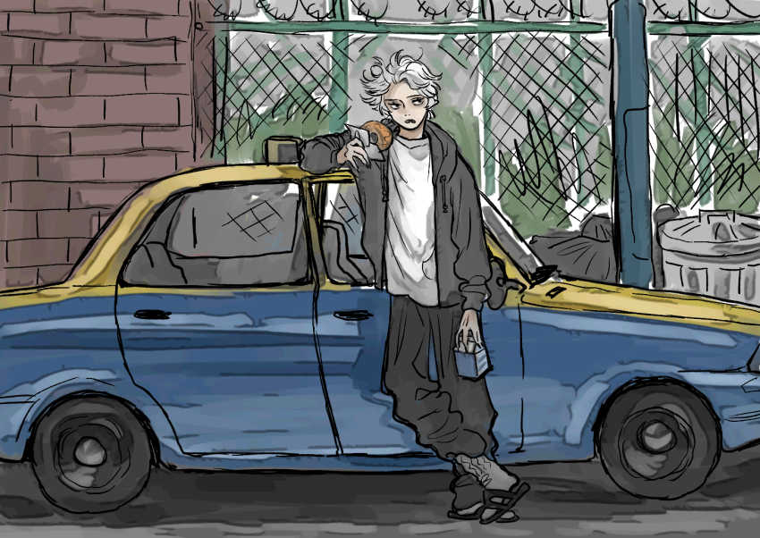1boy arm_at_side black_eyes black_hoodie black_pants brick_wall car chain-link_fence day donut fence food frown full_body grand_theft_auto grand_theft_auto_v grey_socks heel_up holding holding_carton holding_donut holding_food hood hood_down hoodie koze_niire kuzuha_(nijisanji) leaning_against_vehicle long_sleeves looking_to_the_side male_focus messy_hair motor_vehicle nijisanji open_clothes open_hoodie open_mouth outdoors pants pointy_ears sandals shirt short_hair socks solo standing taxi trash_bag trash_can utility_pole virtual_youtuber white_hair white_shirt