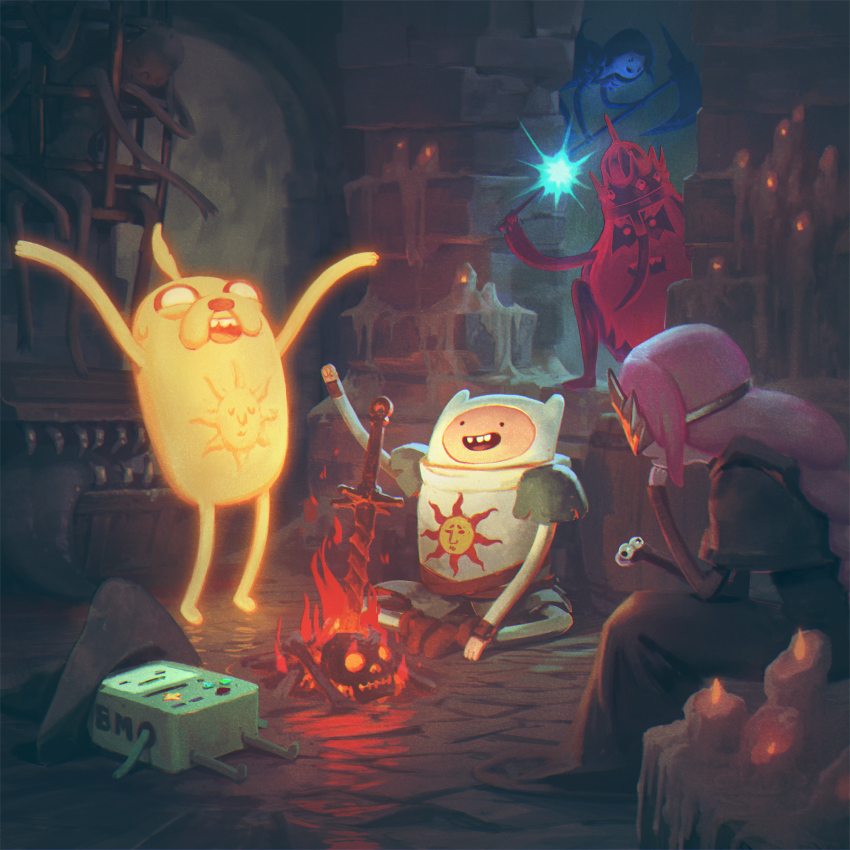 2girls 3boys adventure_time ashen_one_(dark_souls) bmo bonfire candle cosplay crossover dark_souls_(series) dark_souls_iii finn_the_human fire fire_keeper fire_keeper_(cosplay) glowing halberd happy highres ice_king jake jake_the_dog jason_chan long_nose marceline_abadeer mask mimic mimic_(dark_souls) mimic_chest multiple_boys multiple_girls parody polearm praise_the_sun princess_bonnibel_bubblegum robot scythe sitting smile solaire_of_astora sun sword wand weapon