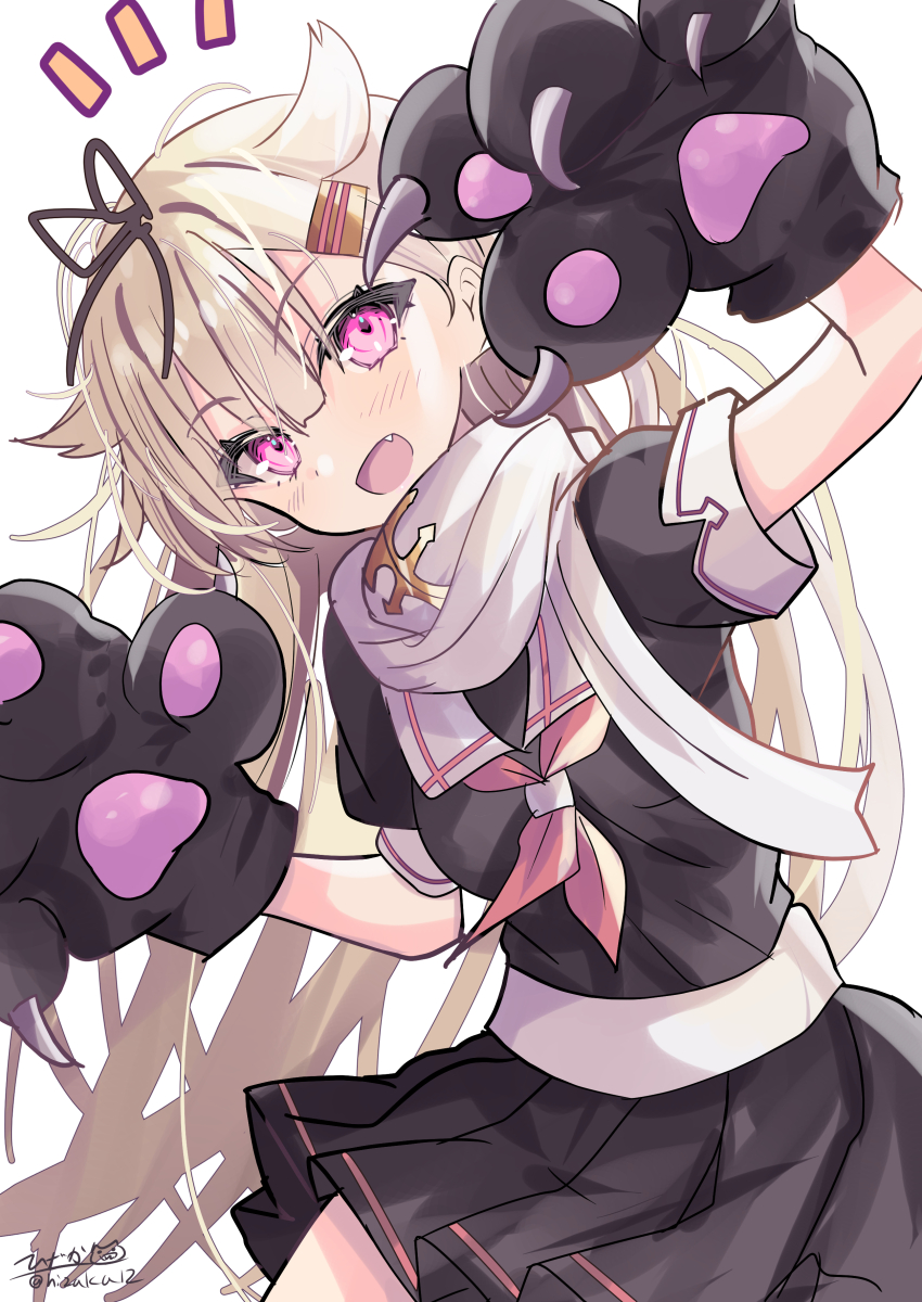 1girl absurdres animal_hands blonde_hair fang gloves hair_flaps hair_ornament hair_ribbon hairclip highres hizaka kantai_collection long_hair looking_at_viewer neckerchief open_mouth paw_gloves pink_eyes ribbon scarf skirt smile solo yuudachi_(kancolle) yuudachi_kai_ni_(kancolle)