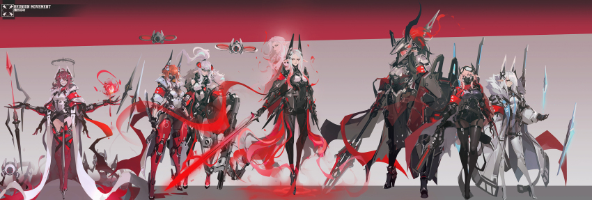 6+girls absurdres arknights armband armor armored_boots belt black_belt black_footwear black_garter_straps black_gloves black_hair black_halo black_jacket black_pantyhose boots bow_(weapon) breastplate breasts brown_hair brown_pantyhose cape cleavage cleavage_cutout clothing_cutout coat commentary crossbow crownslayer_(arknights) drone duke_kashchey_(arknights) elf english_commentary eyepatch eyewear_on_head faust_(arknights) floating floating_object floating_weapon framed_breasts frostnova_(arknights) full_armor full_body fur-trimmed_coat fur-trimmed_jacket fur_trim garter_straps gauntlets gem genderswap genderswap_(mtf) glasses gloves gradient_hair grey_background gun hair_over_one_eye halo headgear helmet high_heel_boots high_heels highres holding holding_gun holding_polearm holding_shield holding_sword holding_weapon jacket leotard long_hair long_sleeves looking_at_viewer mask mecha_musume mechanical_arms mechanical_legs medium_breasts medium_hair mephisto_(arknights) mouth_mask multicolored_hair multiple_girls orange_hair pantyhose patriot_(arknights) pointy_ears polearm puffy_sleeves red_armband red_cape red_footwear red_gemstone red_hair red_thighhighs see-through_cleavage see-through_clothes shield shoulder_armor simple_background skullshatterer_(arknights) smjim1986 streaked_hair sword talulah_(arknights) teeth thigh_boots thighhighs tongue tongue_out triangular_eyewear two-tone_hair upper_teeth_only walking weapon white_coat white_hair white_leotard white_thighhighs wrist_blades yellow_eyes